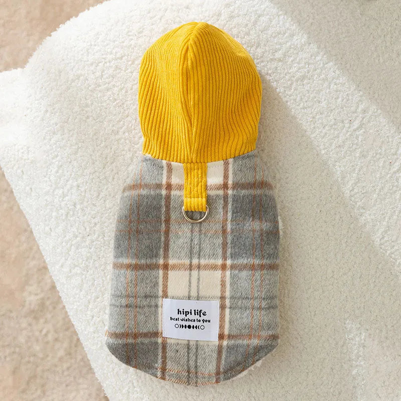 Blue corduroy pet hoodie with chessboard grid pattern and hood for dog autumn winter clothing