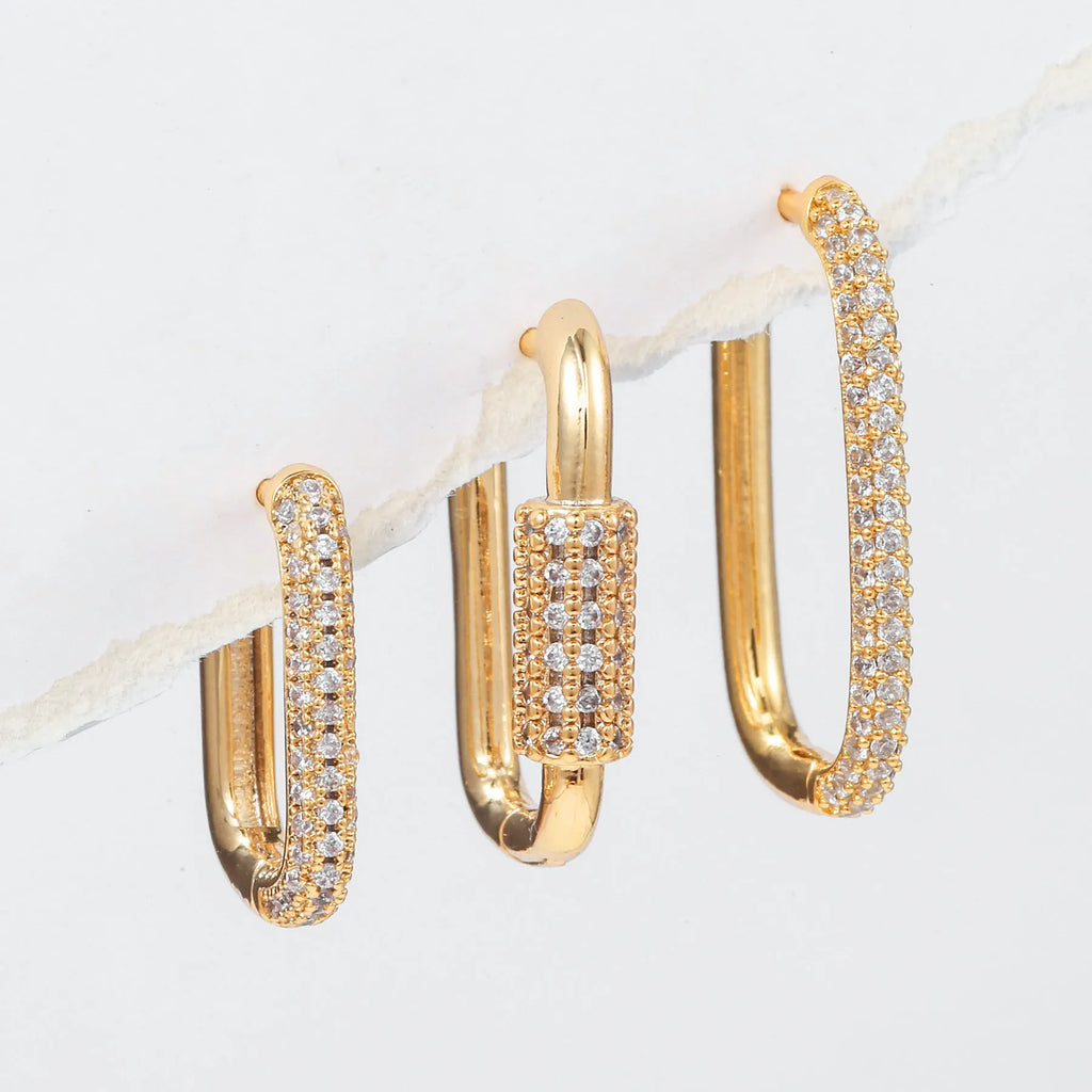 Three geometric copper ear clips with inlaid zircon in square design