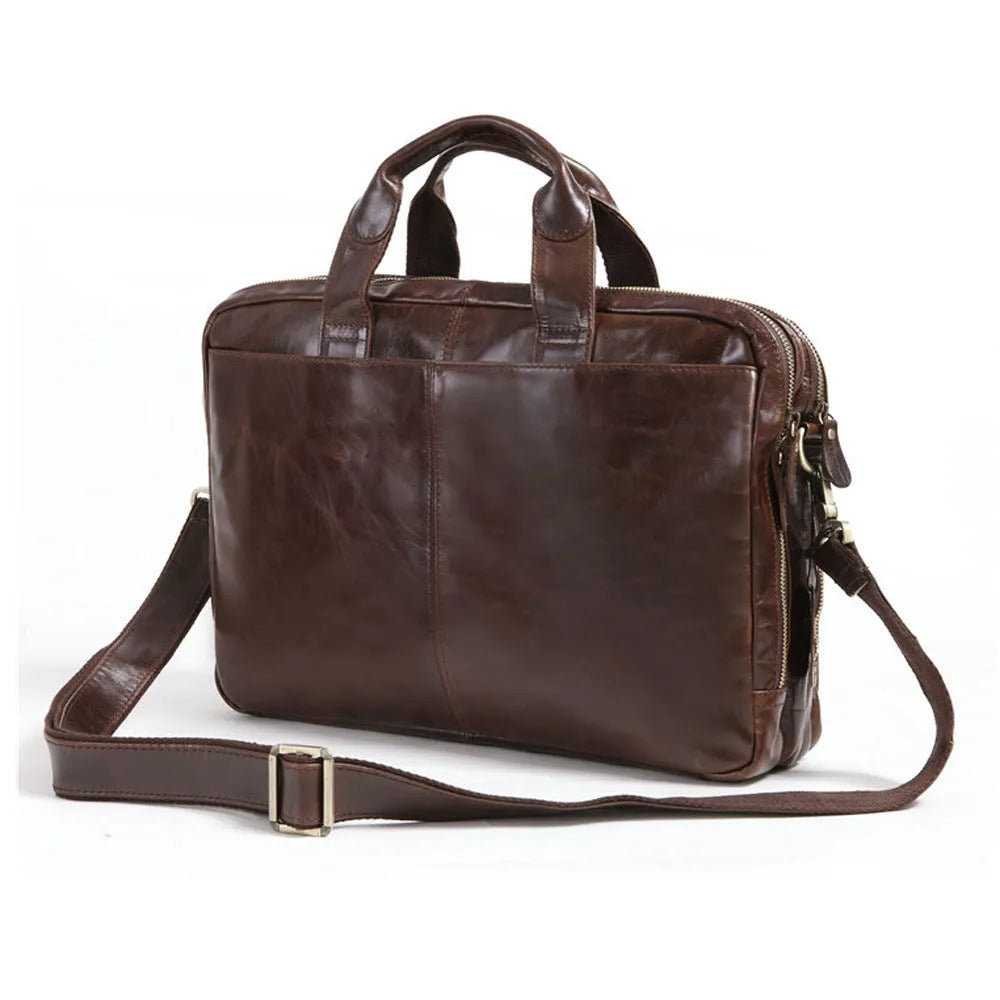 Brown men's business briefcase with 18-inch laptop compartment in first layer cowhide leather