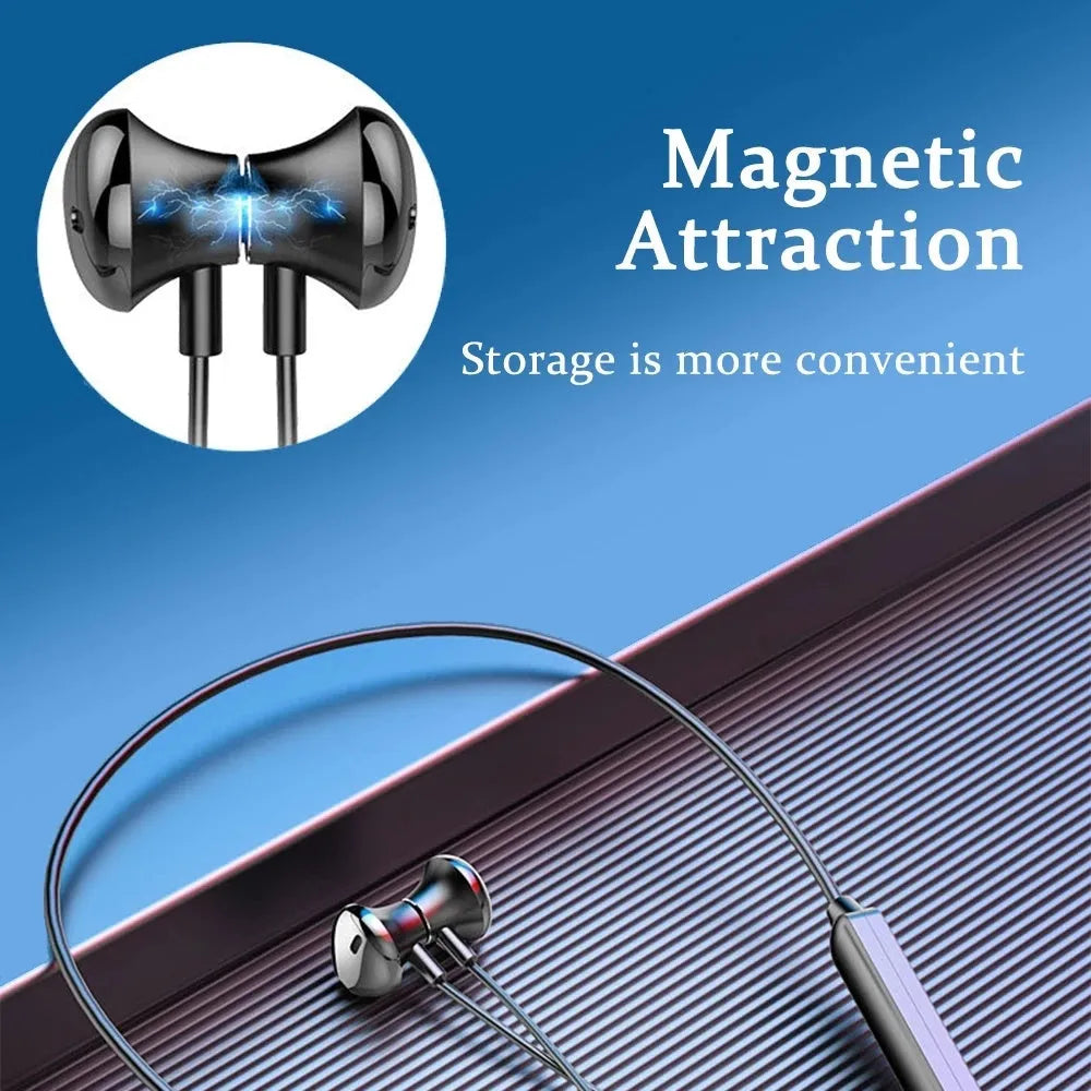 Black neck-mounted wireless Bluetooth sports earphones with custom logo printing area