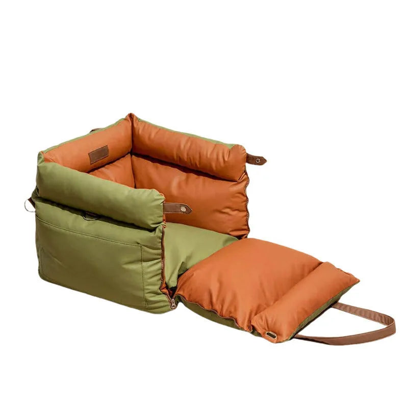 Green waterproof PU dog bed nest with removable cover showing 55x50x45cm dimensions