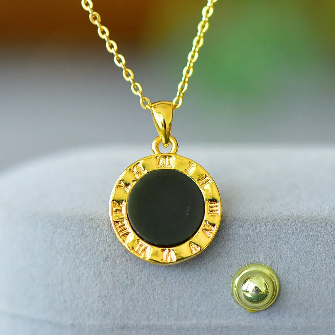 Modern natural Hetian grey jade pendant with copper inlay and ink-blue jade accents on a necklace chain.