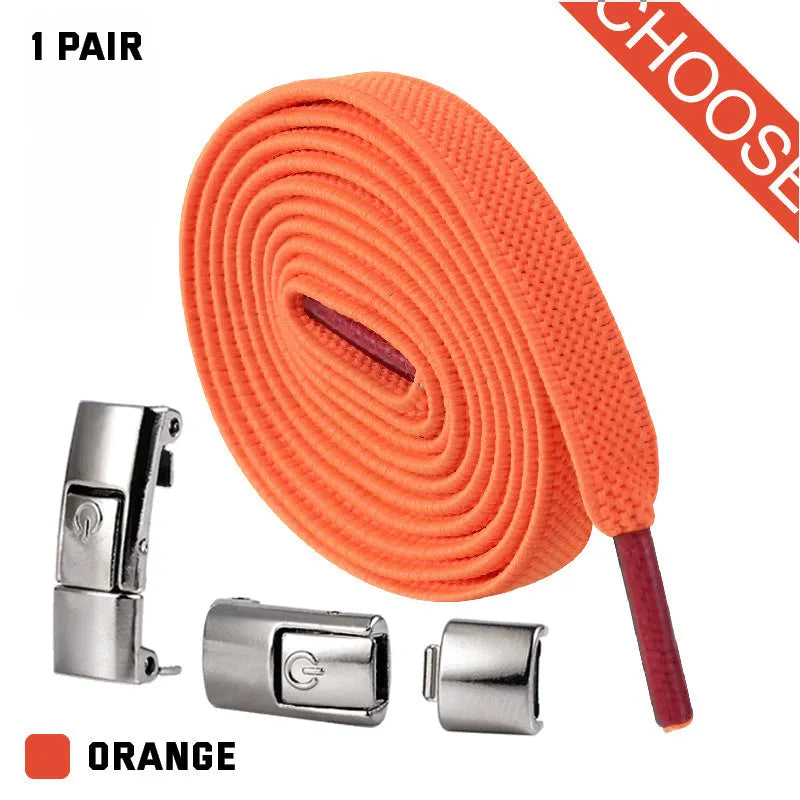 Press lock elastic no-tie shoelaces with widened 8mm flat profile in assorted colours