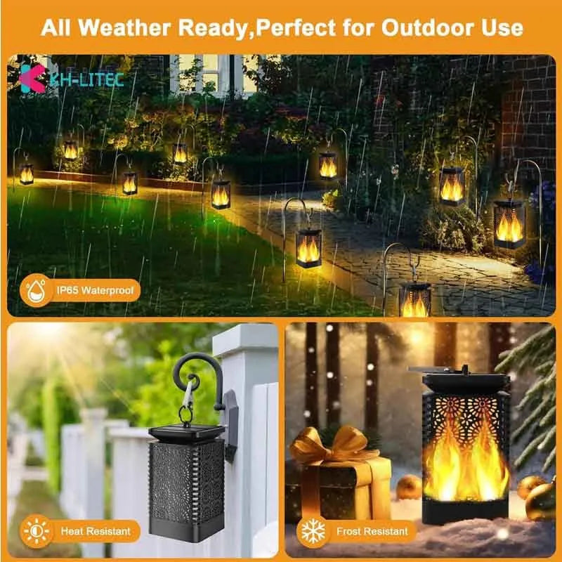 Four black solar-powered hanging torch lights with flickering flame LED effect for outdoor gardens.