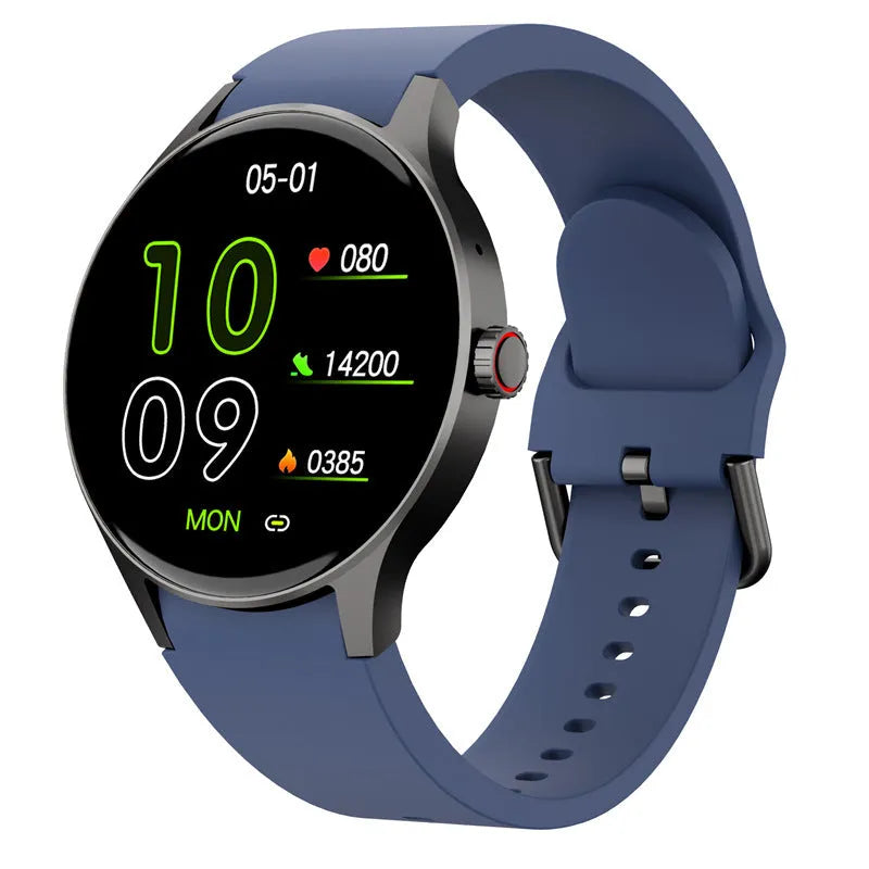 Black smart sport watch with 46mm round case and 1.43-inch touch screen on a wrist