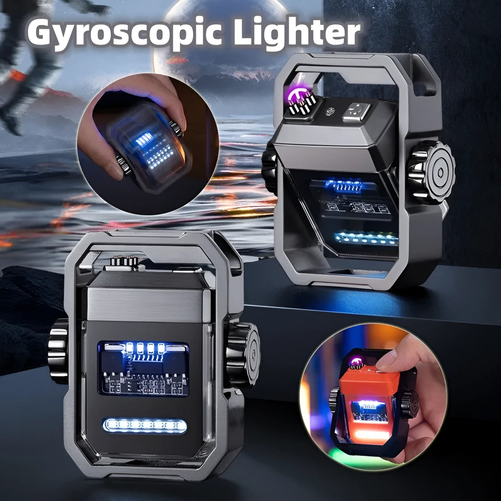 Blue zinc alloy double arc electric lighter with USB-C port and rotary gyroscope mechanism.