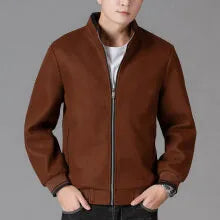A grey men's sports-style fleece jacket with long sleeves, shown on a hanger.