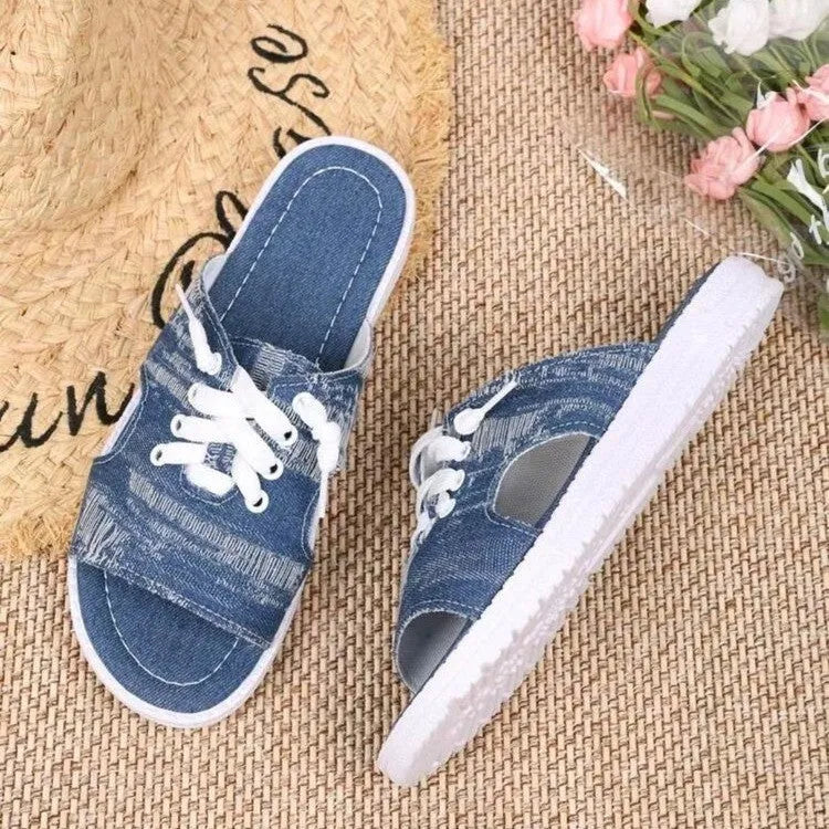 Blue canvas flat slippers for women with rubber soles and Roman-style slip-on design