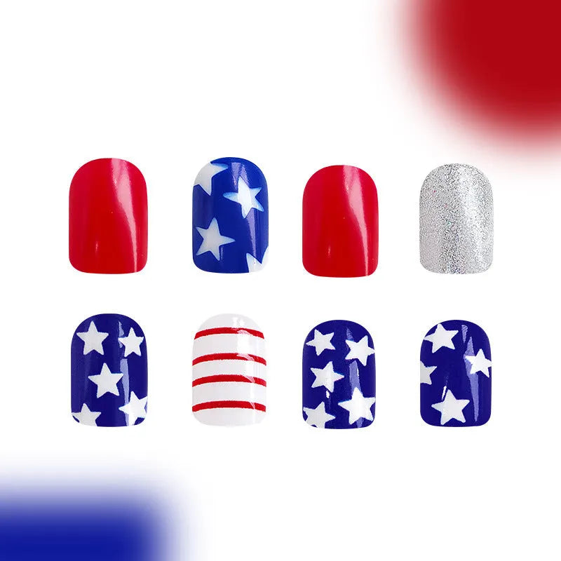 Pre-finished glitter nail tips in red and blue multicolour designs for women