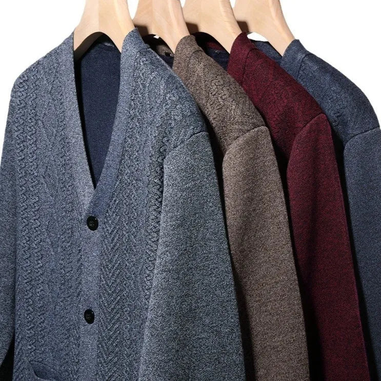 Men's brown striped cardigan sweater with long sleeves and a wool lining.