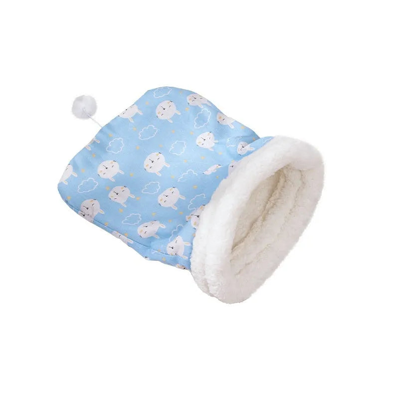 Flannel cat sleeping bag nest bed in blue rabbit design, dimensions 50cm by 40cm.