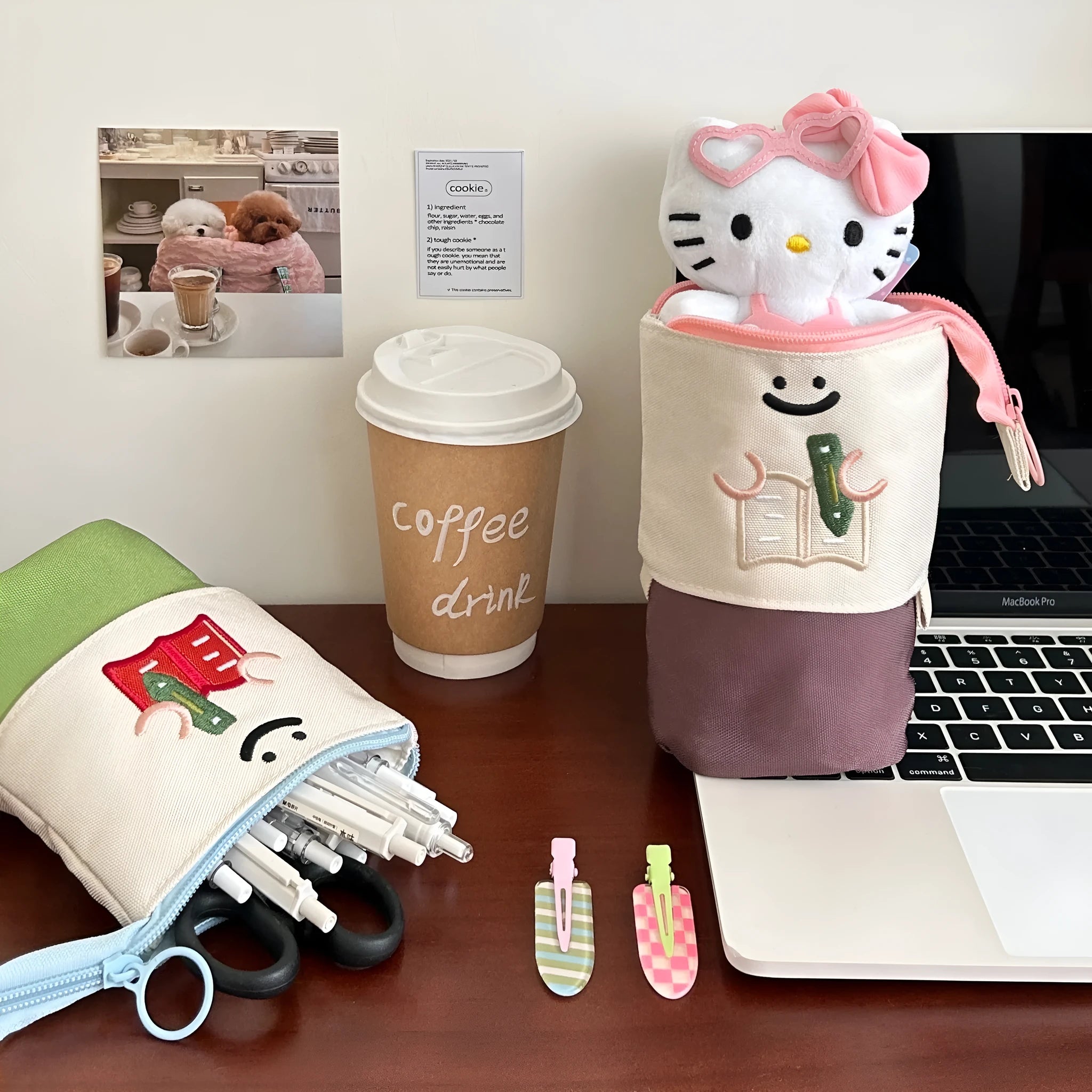 Cartoon design collapsible pencil case in brown or green Oxford fabric, shown open to display large 17cm x 14cm storage capacity.