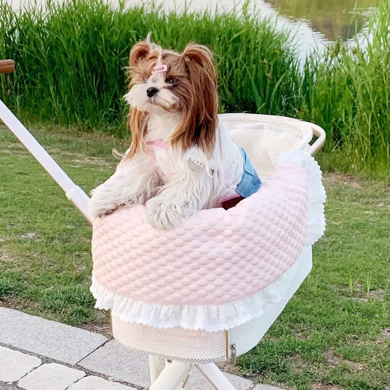 Pure cotton pet stroller accessory set showing removable towel, cushion and pillow in striped pattern