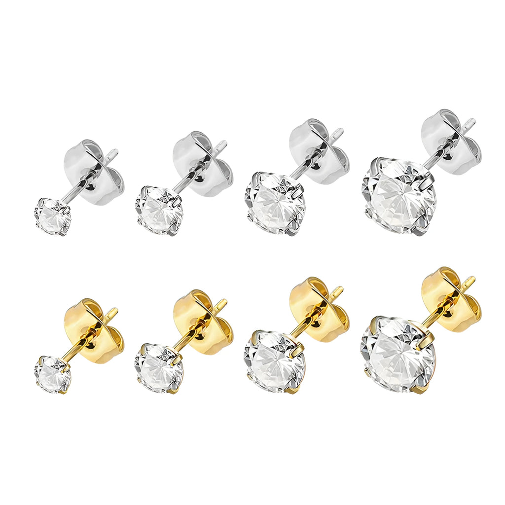 Titanium steel geometric square zircon stud earrings in gold and steel colours with size options from 2mm to 8mm.