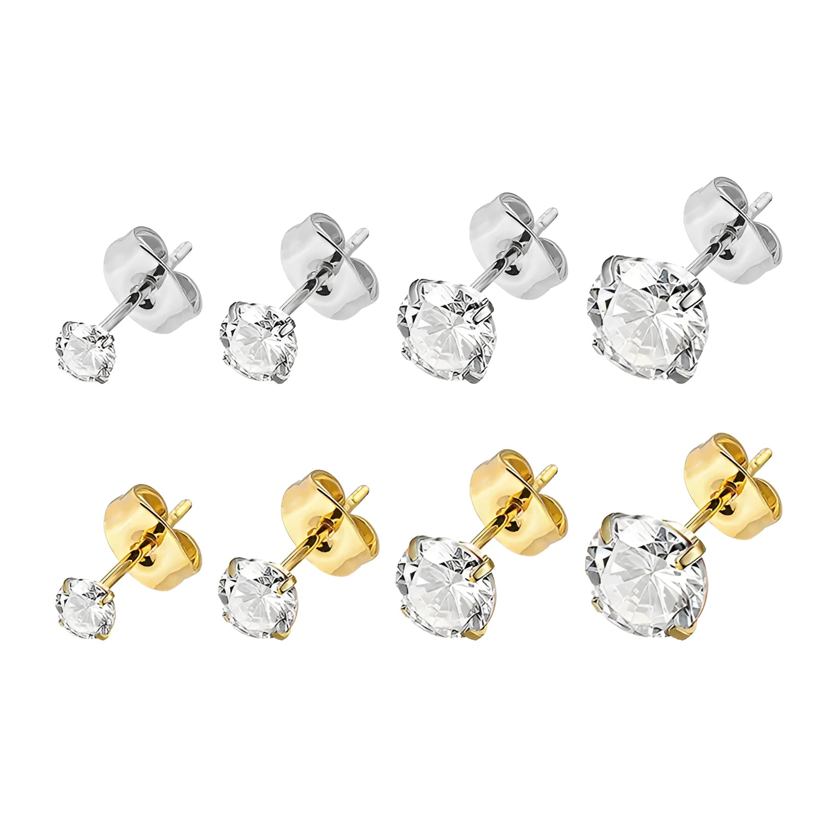 Titanium steel geometric square zircon stud earrings in gold and steel colours with size options from 2mm to 8mm.