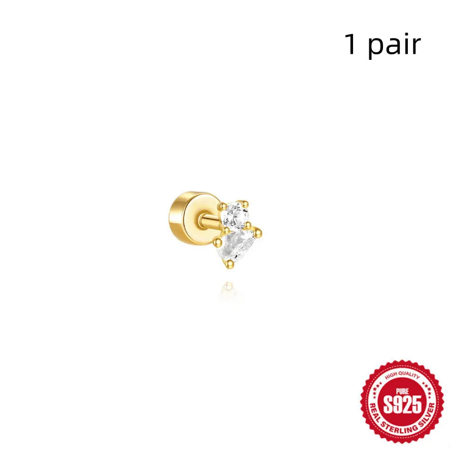 S925 sterling silver geometric flat column thread ear bone studs in a gold electroplated finish.