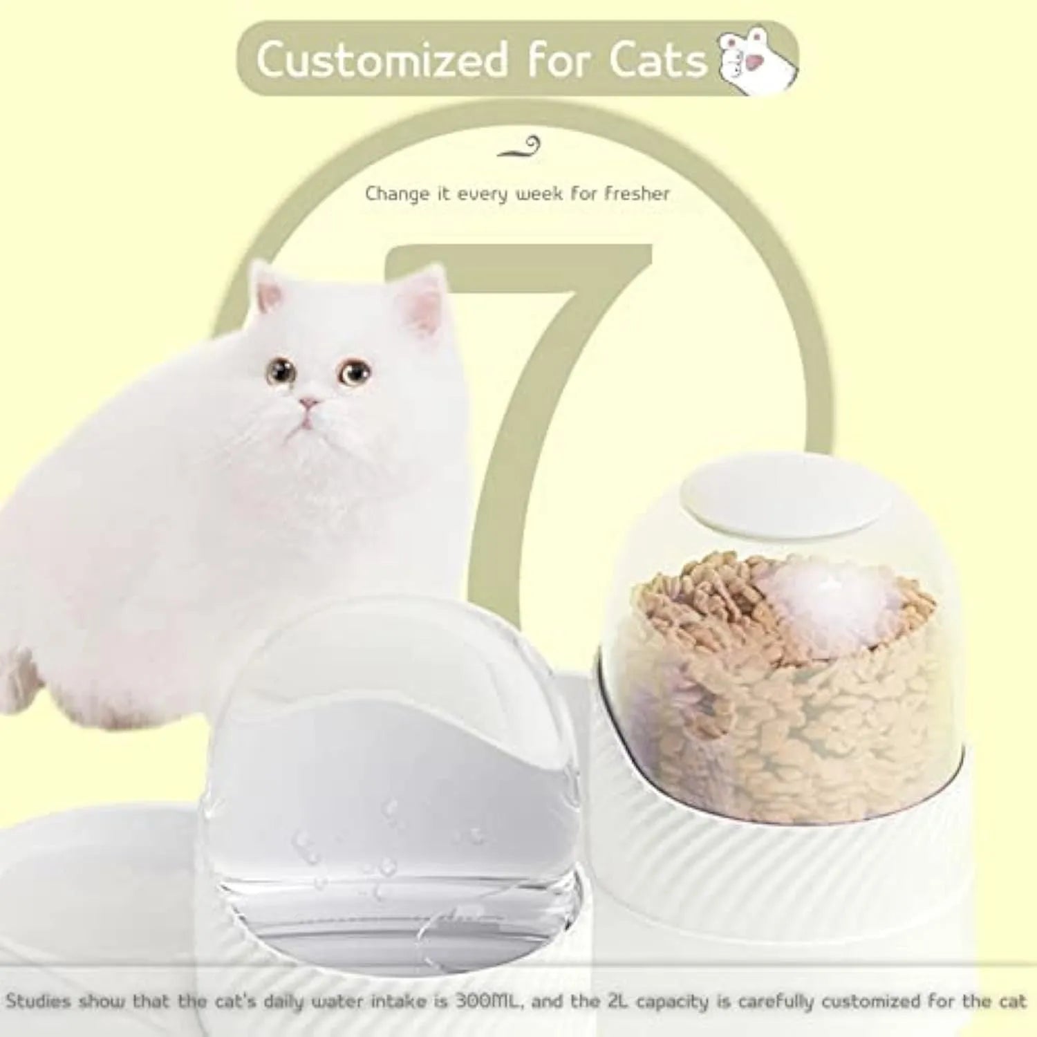 Pure white automatic cat food and water dispenser set with wave-shaped design on a countertop.