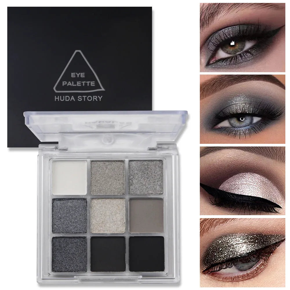 Nine-colour smoked eyeshadow palette showing white, silver, black and iron grey shades in compact case
