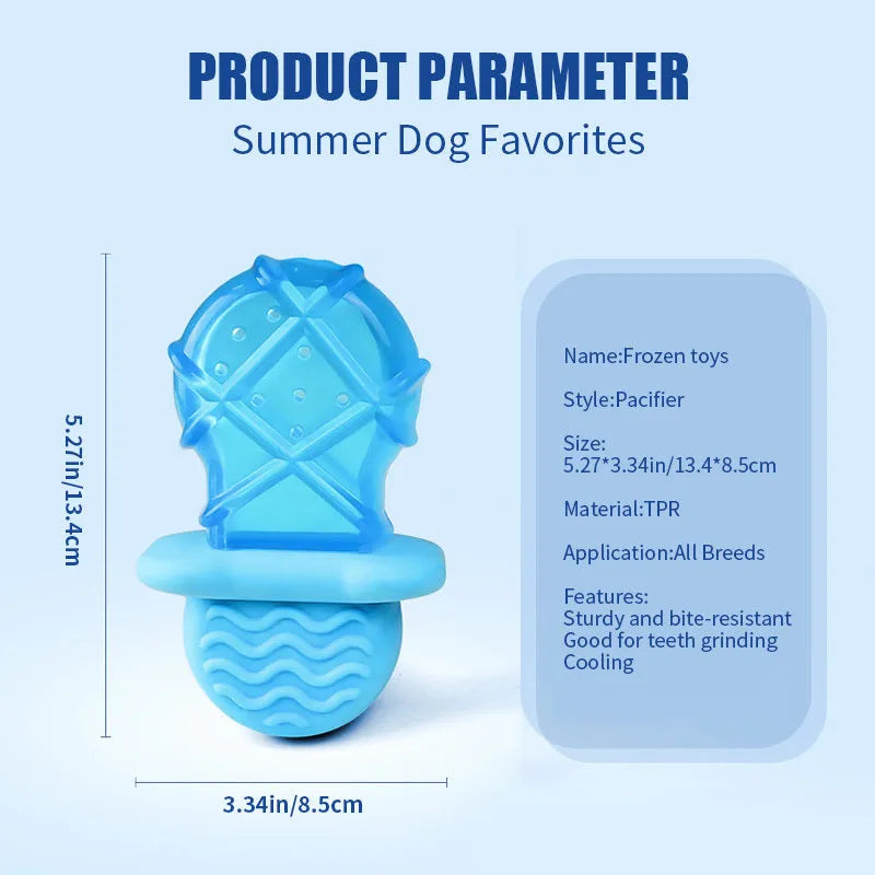 Three water-filled dog toys: a blue pacifier, a multicoloured popsicle, and an orange ring for freezing and chewing.