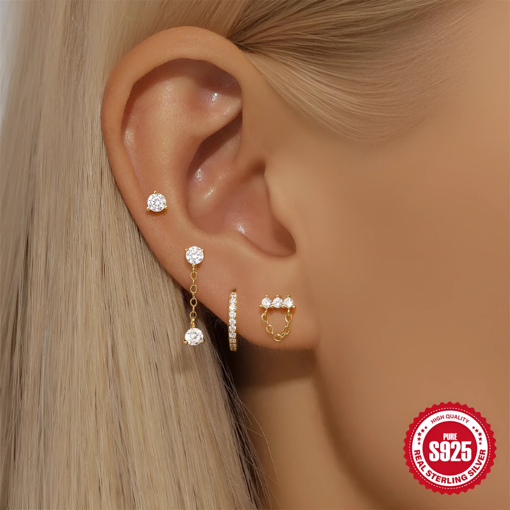 Women's sterling silver clover petal earrings with electroplated gold geometric designs