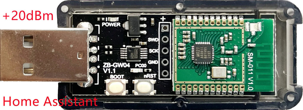 Silicon Labs EFR32MG21 Zigbee USB Dongle with plastic shell for smart home networks.