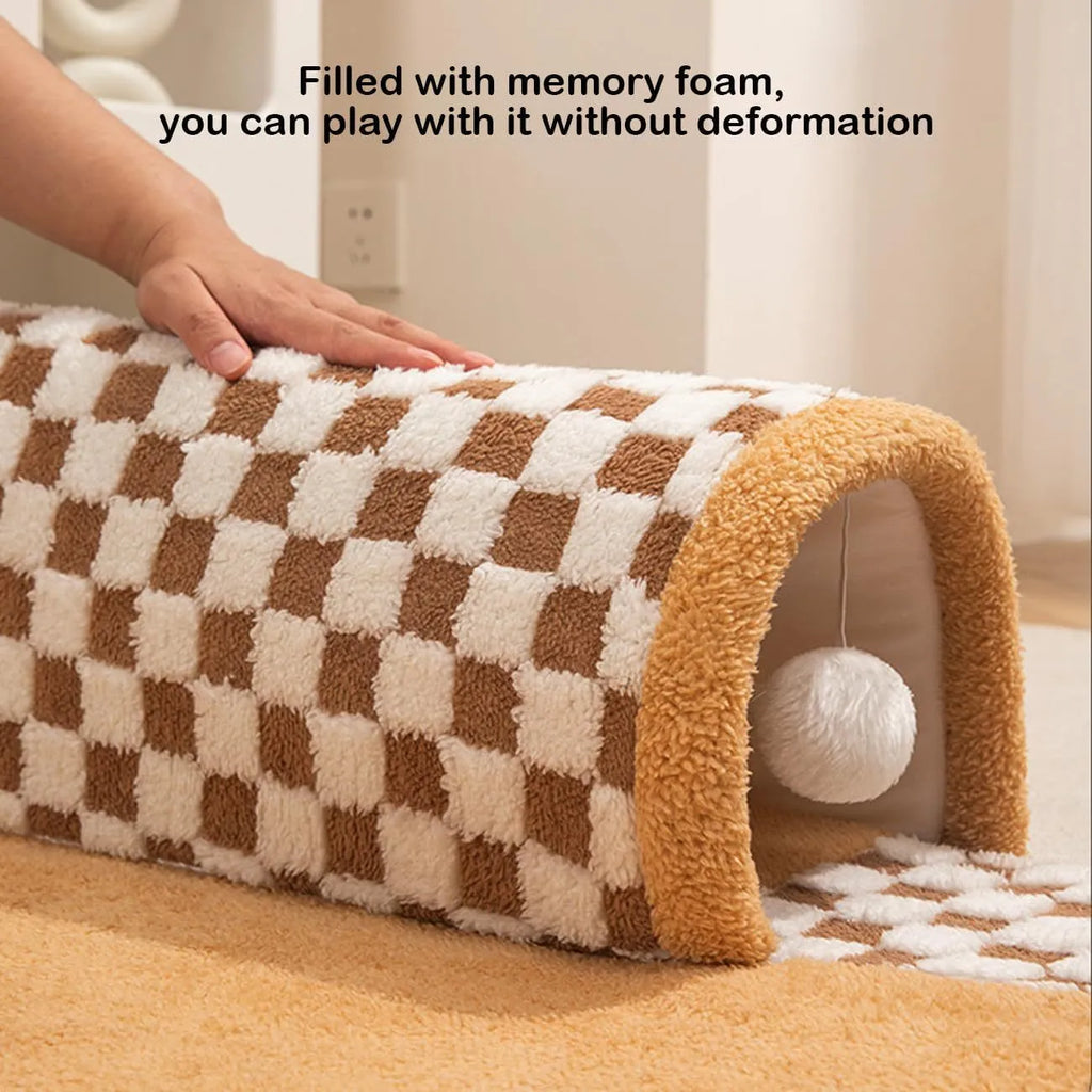 Fan-shaped plush pet bed with integrated tunnel for cats and dogs in Coffee colour, showing thick mat and anti-slip base.
