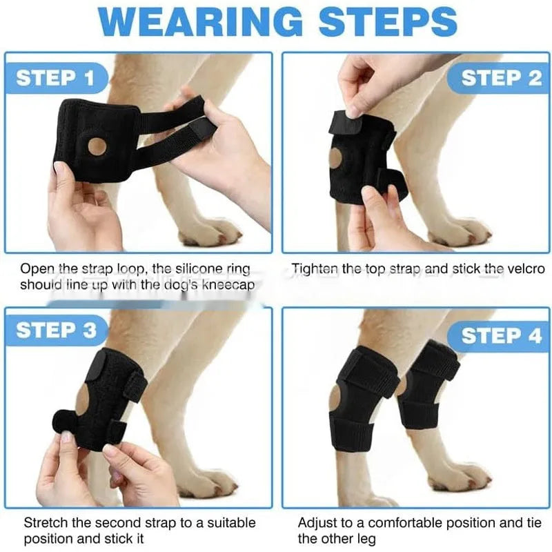 Black polyester dog leg guard or knee pad for ACL and joint support, shown in size L, M, and XL.