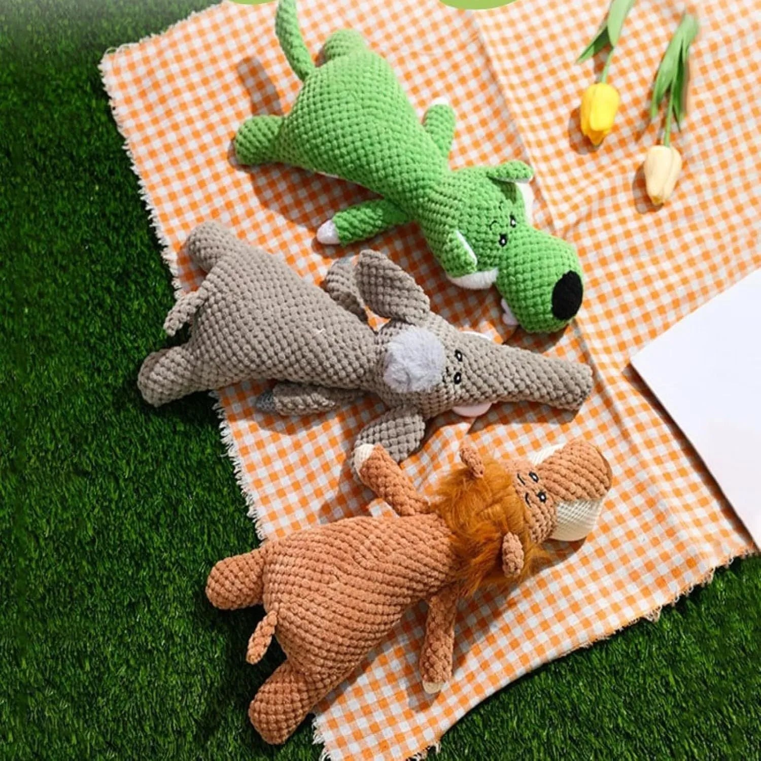 Corn kernel design plush dog chewing toy with animal shape and built-in squeaker in green, grey or yellow colours