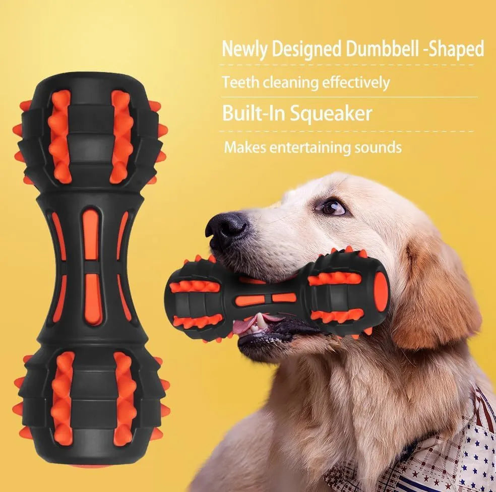 Red dumbbell-shaped dog chew toy for medium large breeds with natural rubber construction