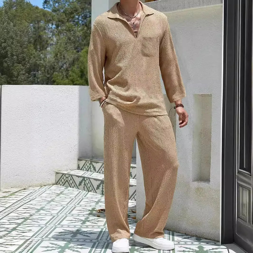 Men's casual polyester shirt trousers suit set in lake blue, khaki, black, or caramel colours