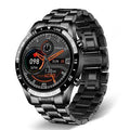 Stainless steel smart watch with a black band and a 1.3-inch touch screen display.