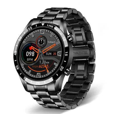 Stainless steel smart watch with a black band and a 1.3-inch touch screen display.