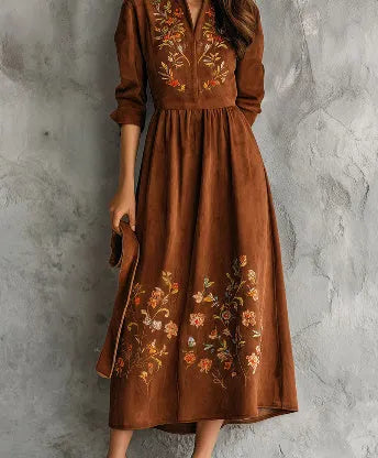 Brown vintage-style midi dress with floral embroidery and suede texture