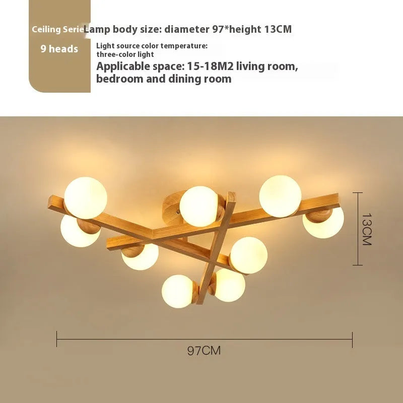 Wooden style Nordic ceiling light with three lamp heads for living room illumination
