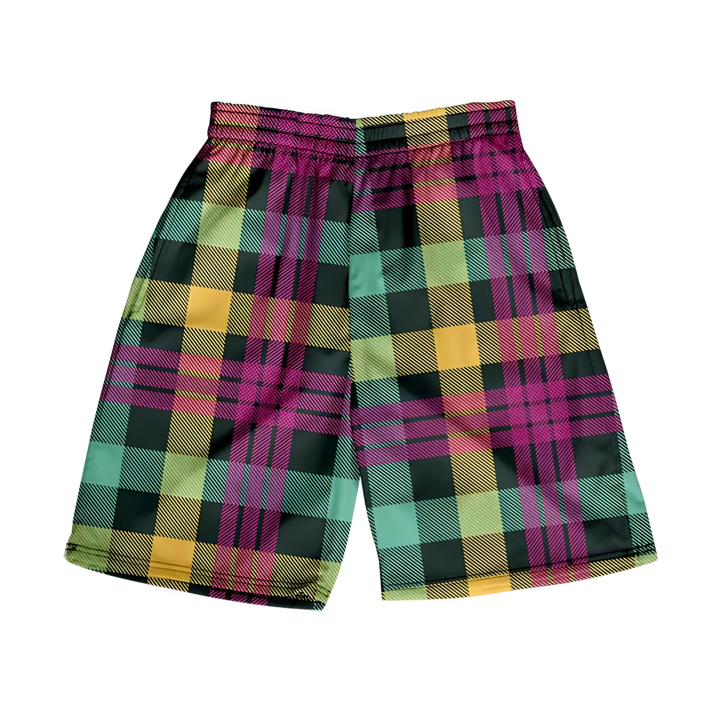 Men's plaid shorts with elastic waist in straight-leg cut available in multiple colours