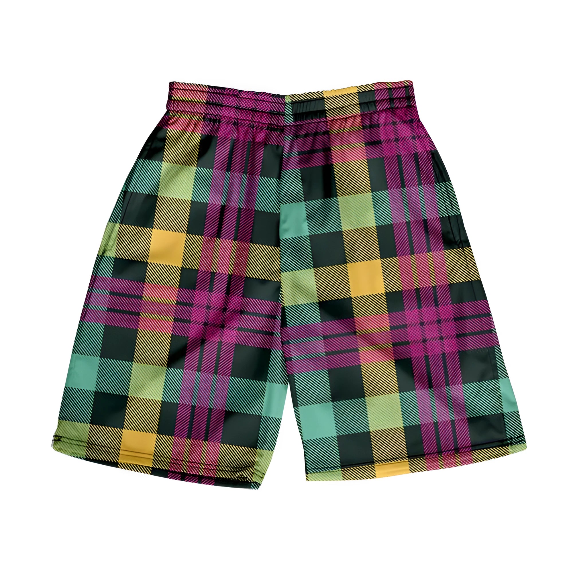 Men's plaid shorts with elastic waist in straight-leg cut available in multiple colours