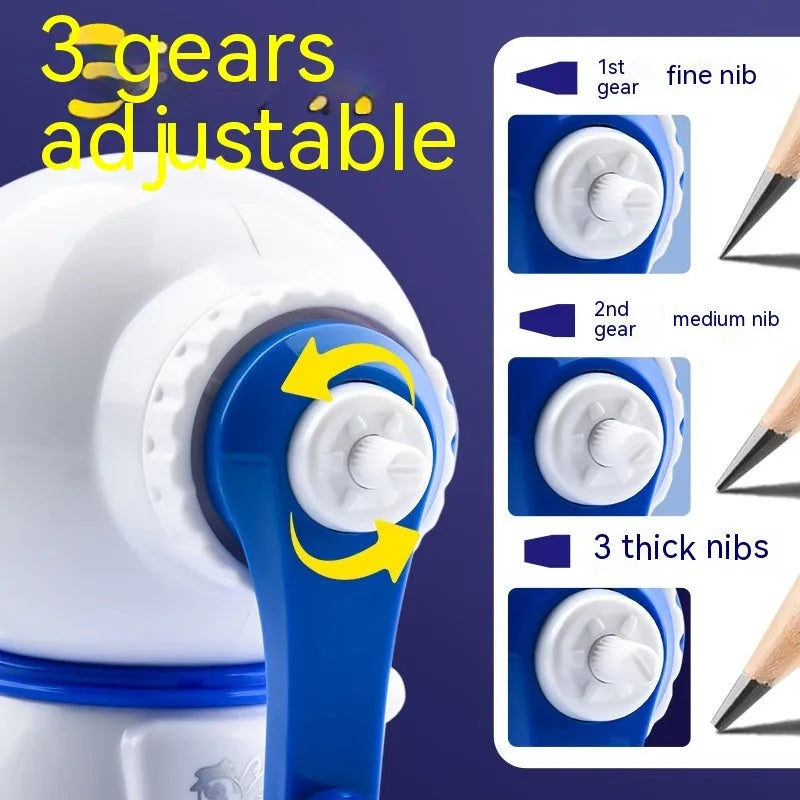 Blue astronaut manual pencil sharpener with adjustable three-level mechanism for standard 2mm pencils