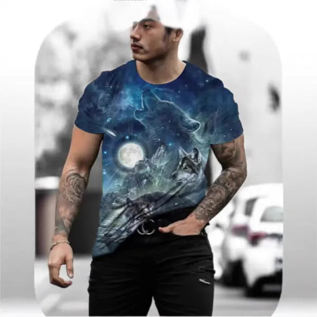 Men's retro style 3D animal print short sleeve t-shirt on a hanger