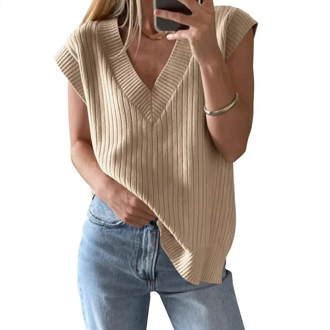 Loose fit sleeveless V-neck vest in Camel or White viscose fiber for women