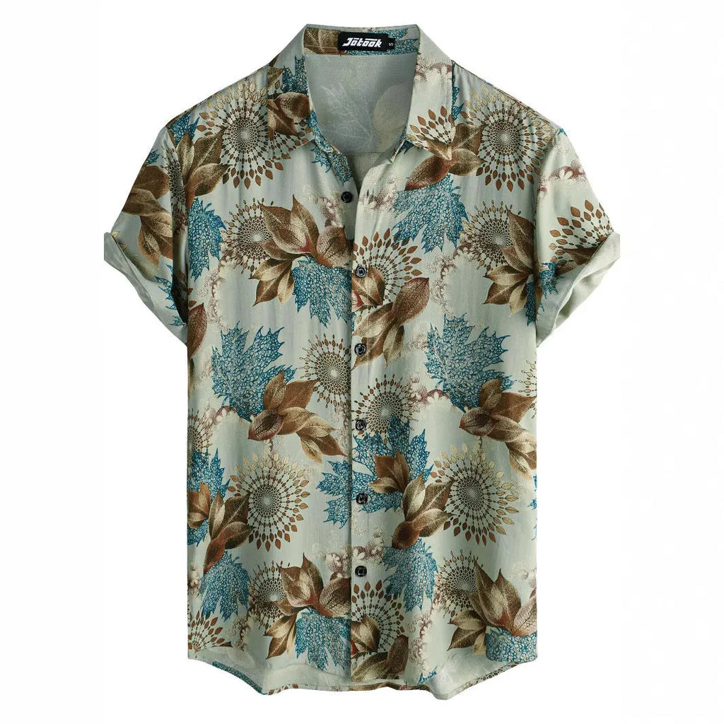 Floral Hawaiian print short sleeve shirt with lapel collar on a hanger