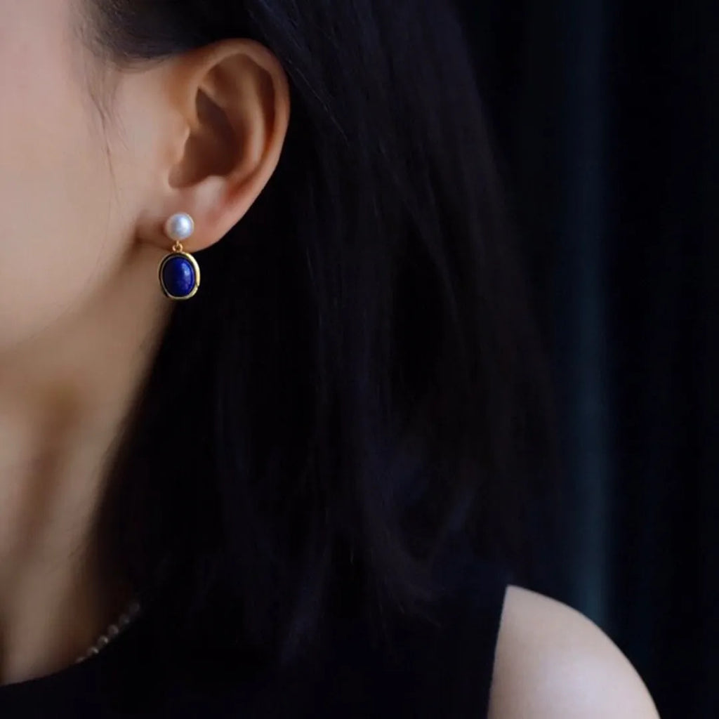 925 silver lapis lazuli pearl earrings with simple auspicious pattern design