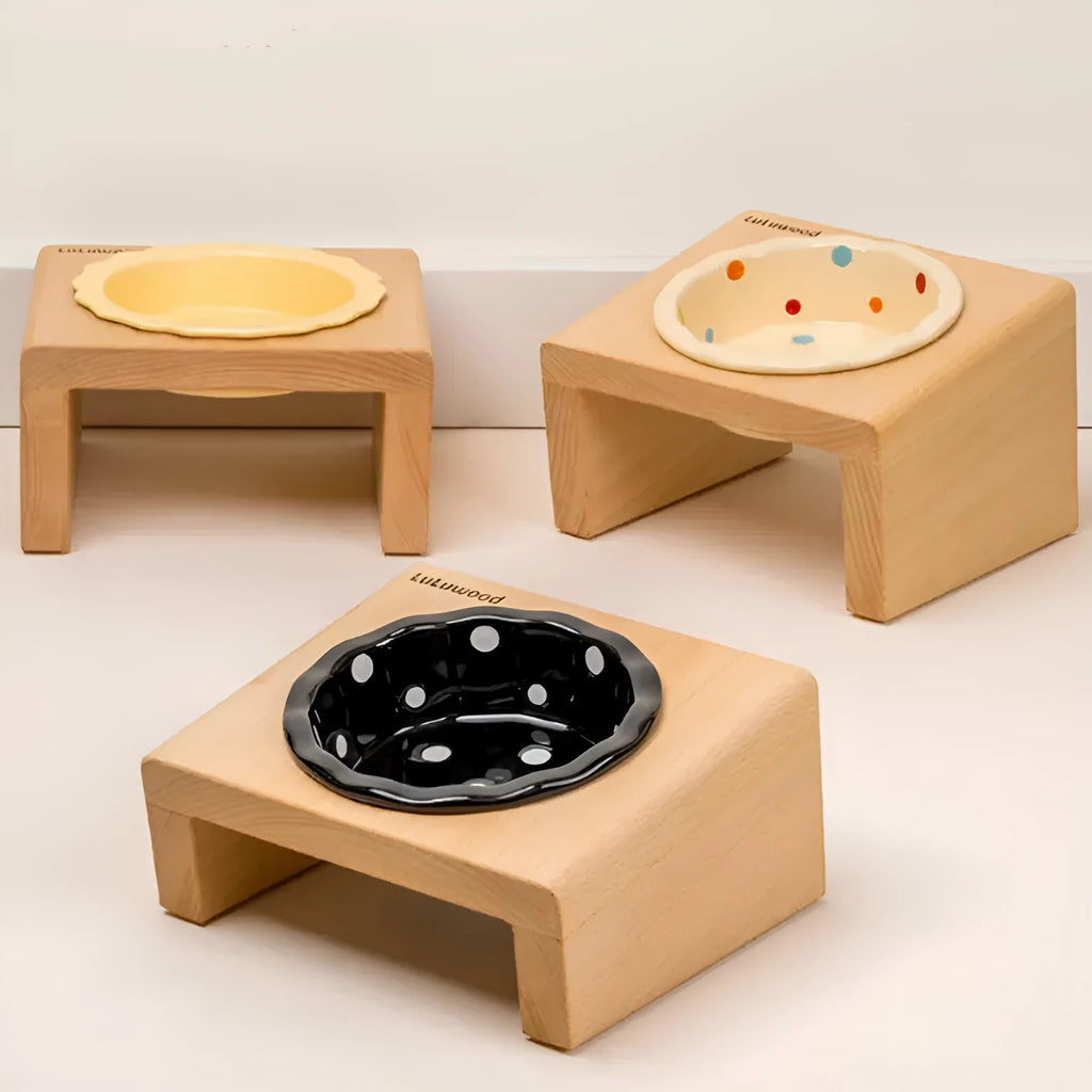 Beech wood raised pet bowl rack with ceramic polka dot bowl in beige, black, or colour