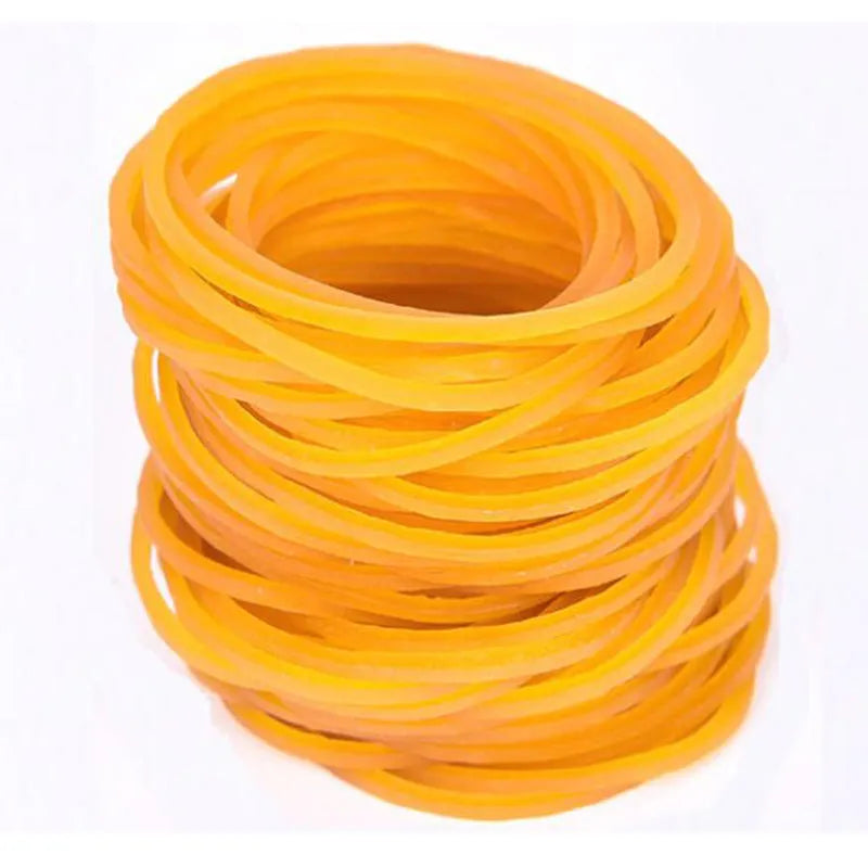 500g bulk pack of assorted yellow rubber bands in sizes from 25mm to 70mm diameter.