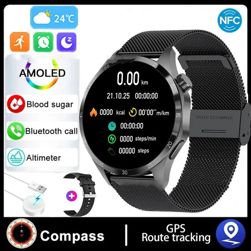Black Bluetooth smartwatch with TFT touchscreen displaying health metrics and call functions