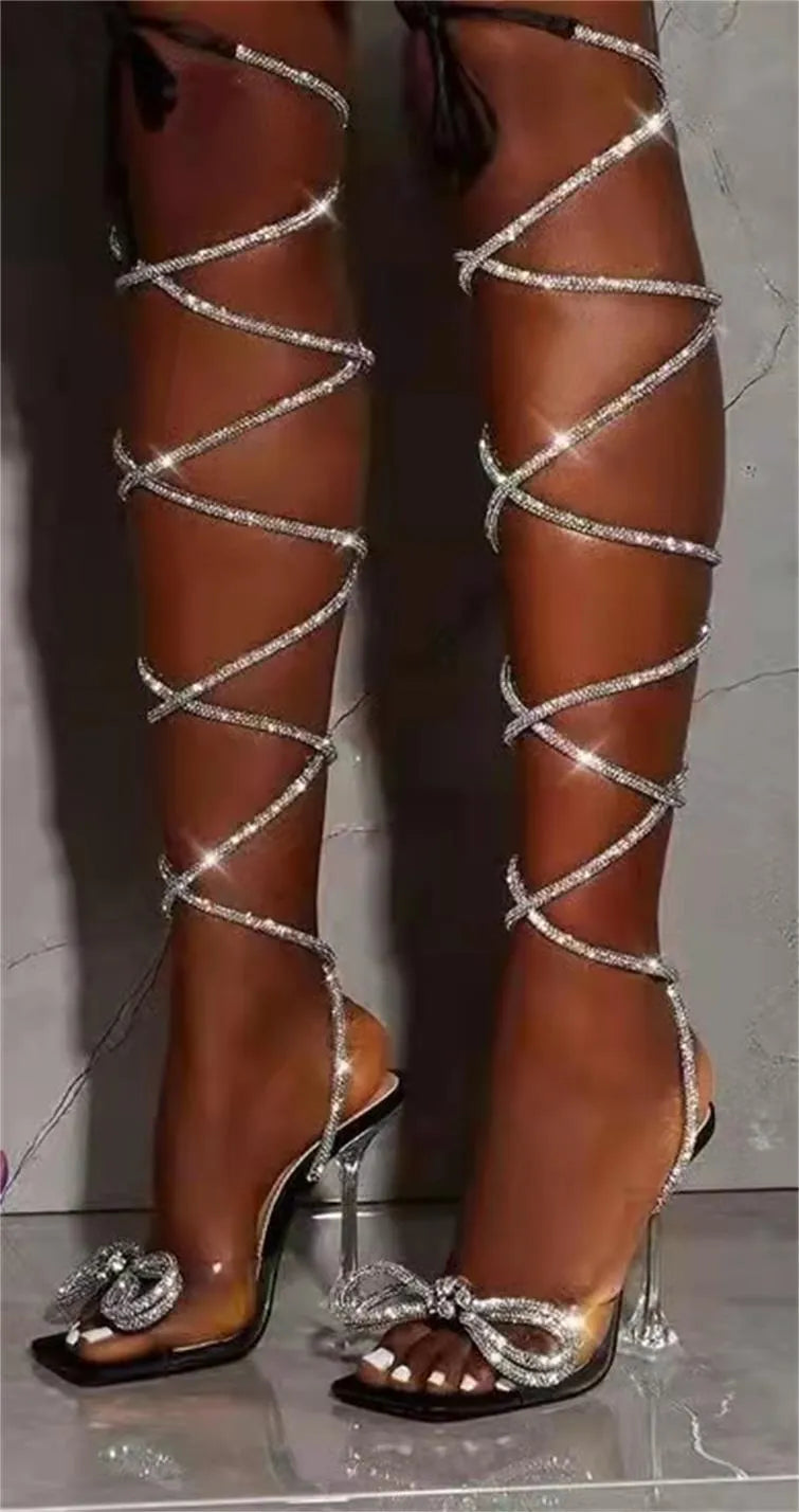 Plus size women's strappy sandals with rhinestone Roman-style straps and square toe