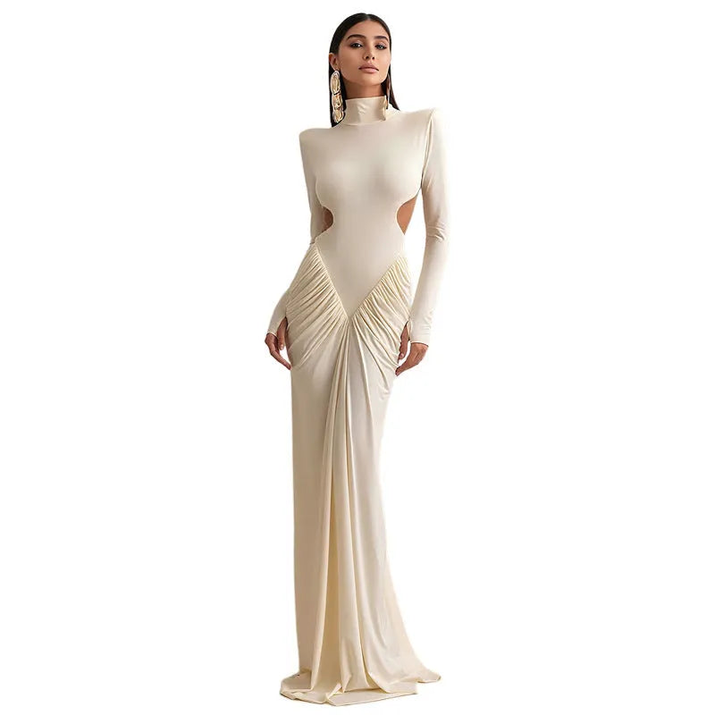 Women's slim fit long sleeve dress with high collar and pleated backless detail in solid colour