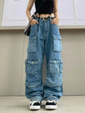 Women's tie-dyed high waist jeans with multiple pockets and wide leg silhouette