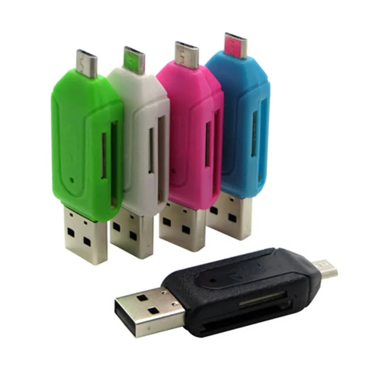 White OTG card reader with USB 2.0 and micro USB connectors for SD and TF memory cards