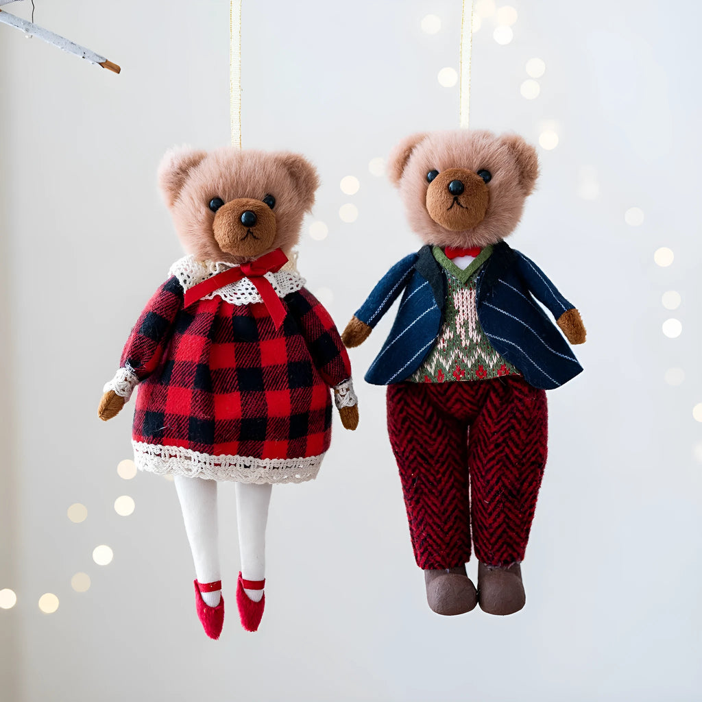 Princess bear and gentleman bear plush doll set with plaid cotton suits and cartoon styling