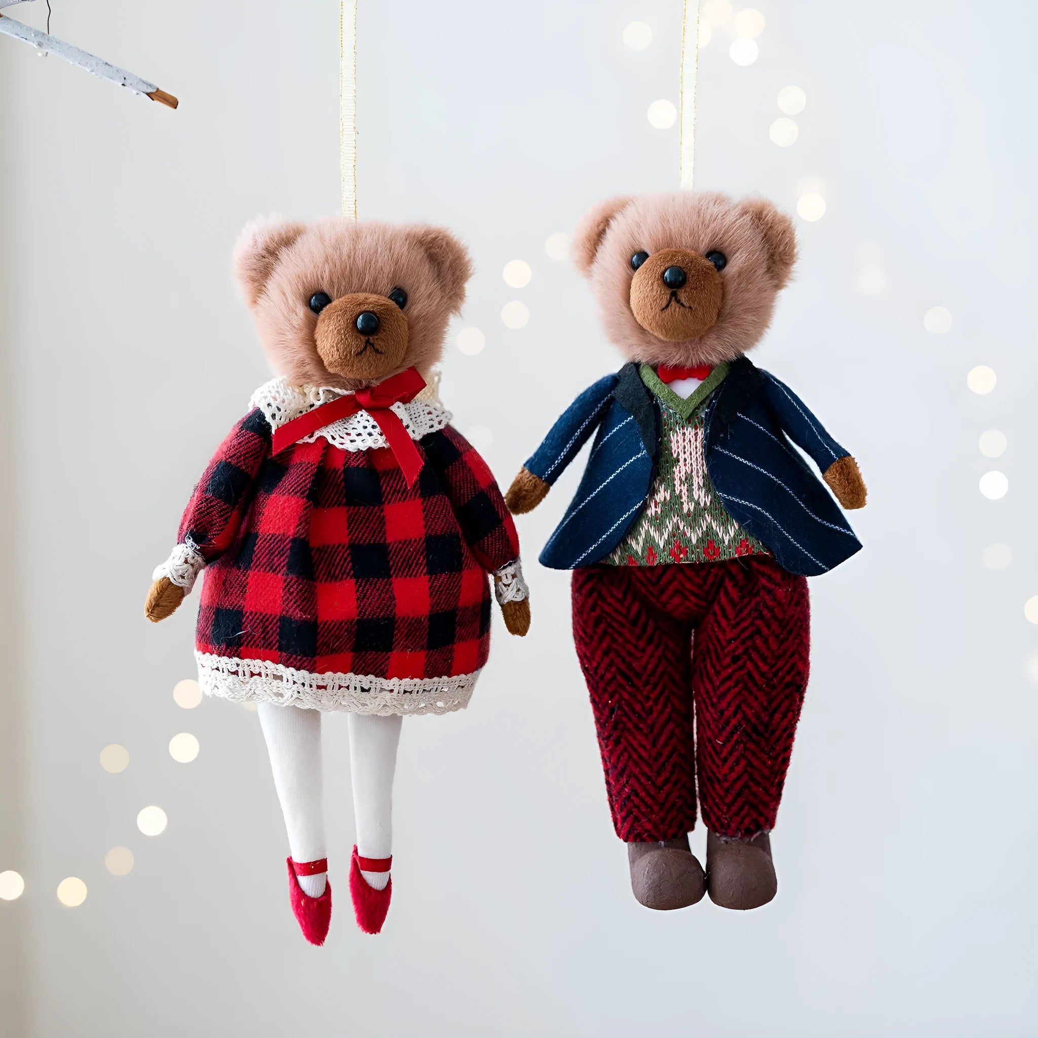 Princess bear and gentleman bear plush doll set with plaid cotton suits and cartoon styling